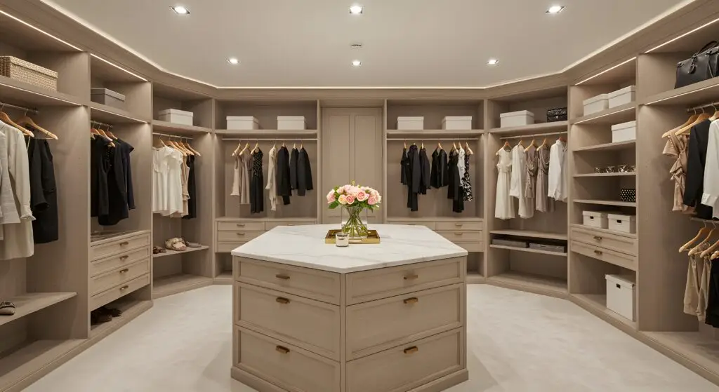 Custom built-in Closet with island storage