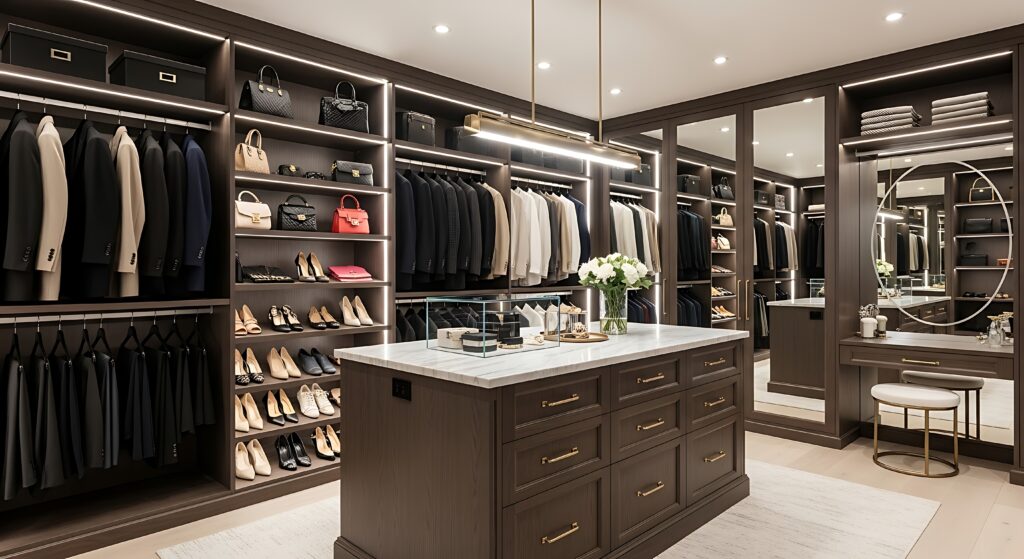 Custom closet with dark wood , marble-top center island, built-in LED lighting, and organized storage for shoes, handbags, and clothing