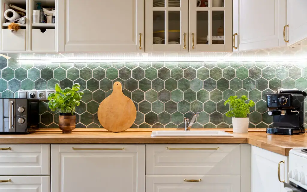modern kitchen interior with colored backsplash