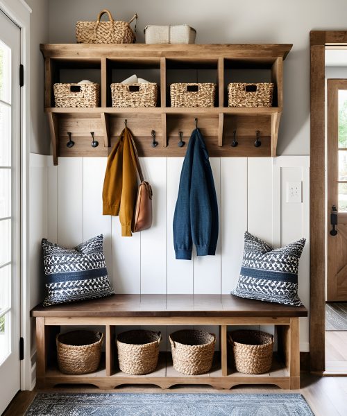 A charming rustic entryway featuring a wooden bench with storage cubbies above