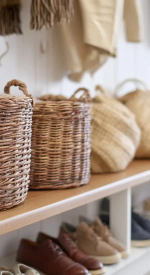 A tidy mudroom with baskets, hooks, and shoes neatly aligned, focus to right A tidy mudroom with baskets, hooks, and shoes neatly aligned, focus to right