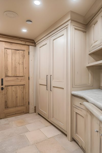 A well-organized modern pantry features custom cream-colored , open shelving, stone countertops, and a rustic wooden barn door, highlighting luxurious home interior design.