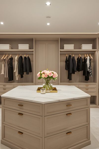 Elegant and spacious walk-in closet interior with custom built-in shelving, drawers, and a central island for organized clothing storage in a luxury home