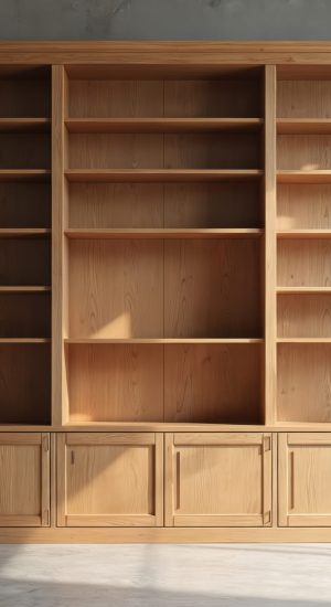 Empty classic wooden bookcase with rolling ladder in spacious room. Large library bookshelf unit with shelves cabinets for storage. Custom furniture design for home interior against grey concrete