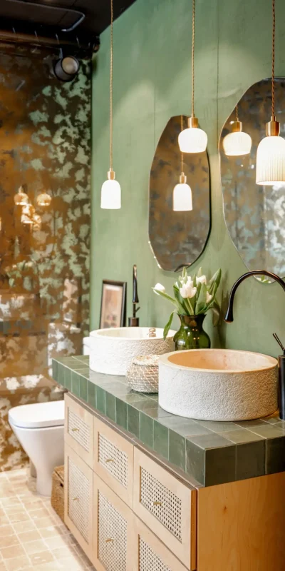 Bathroom interior in natural boho style custom bathroom storage